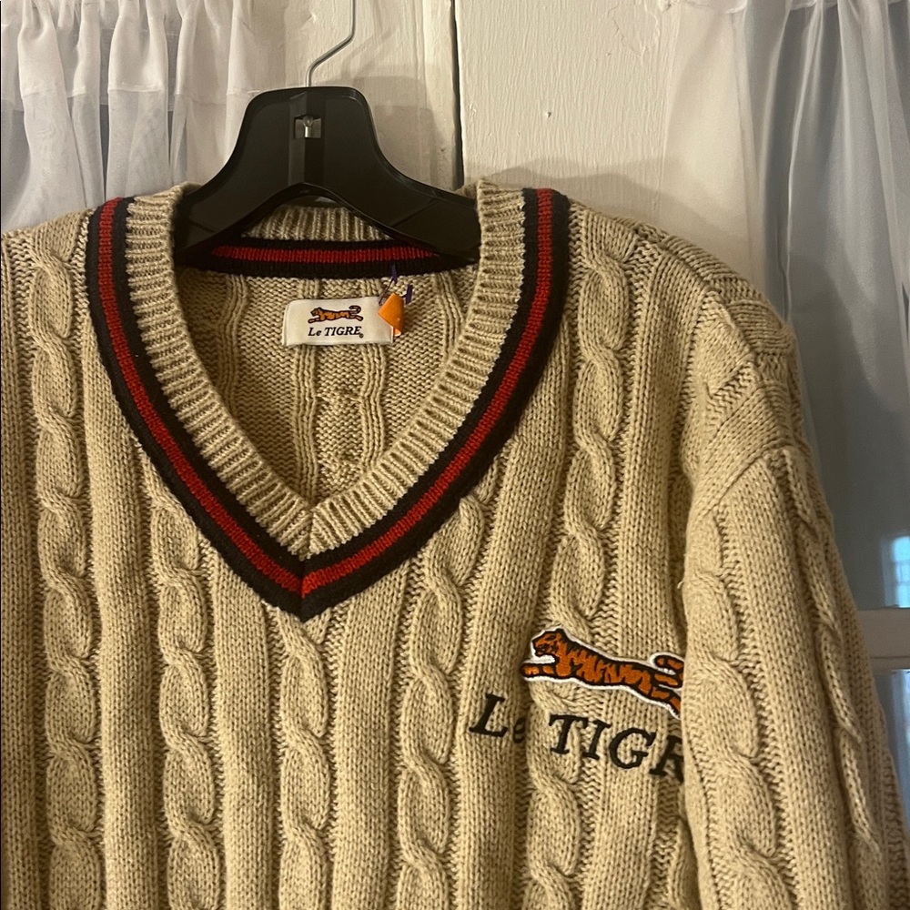 La Tigre Preppy Cricket Tennis V-Neck Beige Cable Knit Sweater Men’s Medium